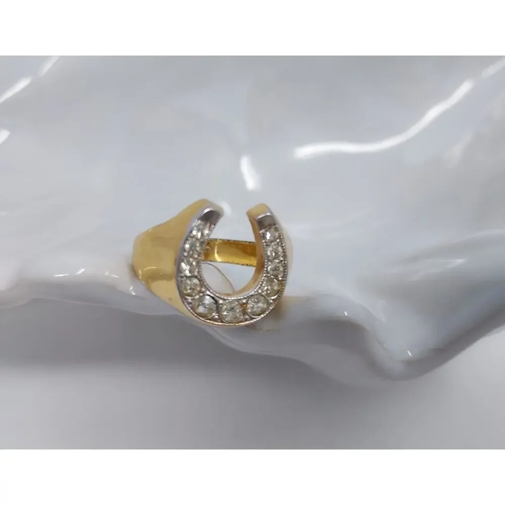 Men's Ring Sz 10.5 Gold Tone Horseshoe Clear Faux Stones Marked 18K HGE UNTESTED
